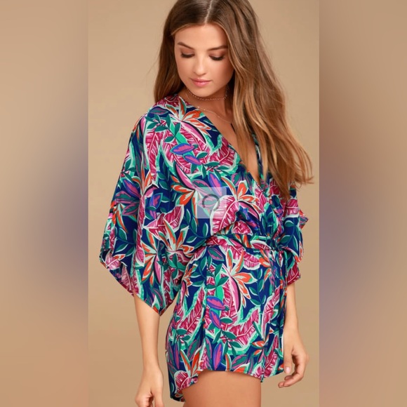 Lulus Hypnotized Purple Gauzy Tropical Print Faux Wrap Romper w Kimono Sleeves - Picture 1 of 11